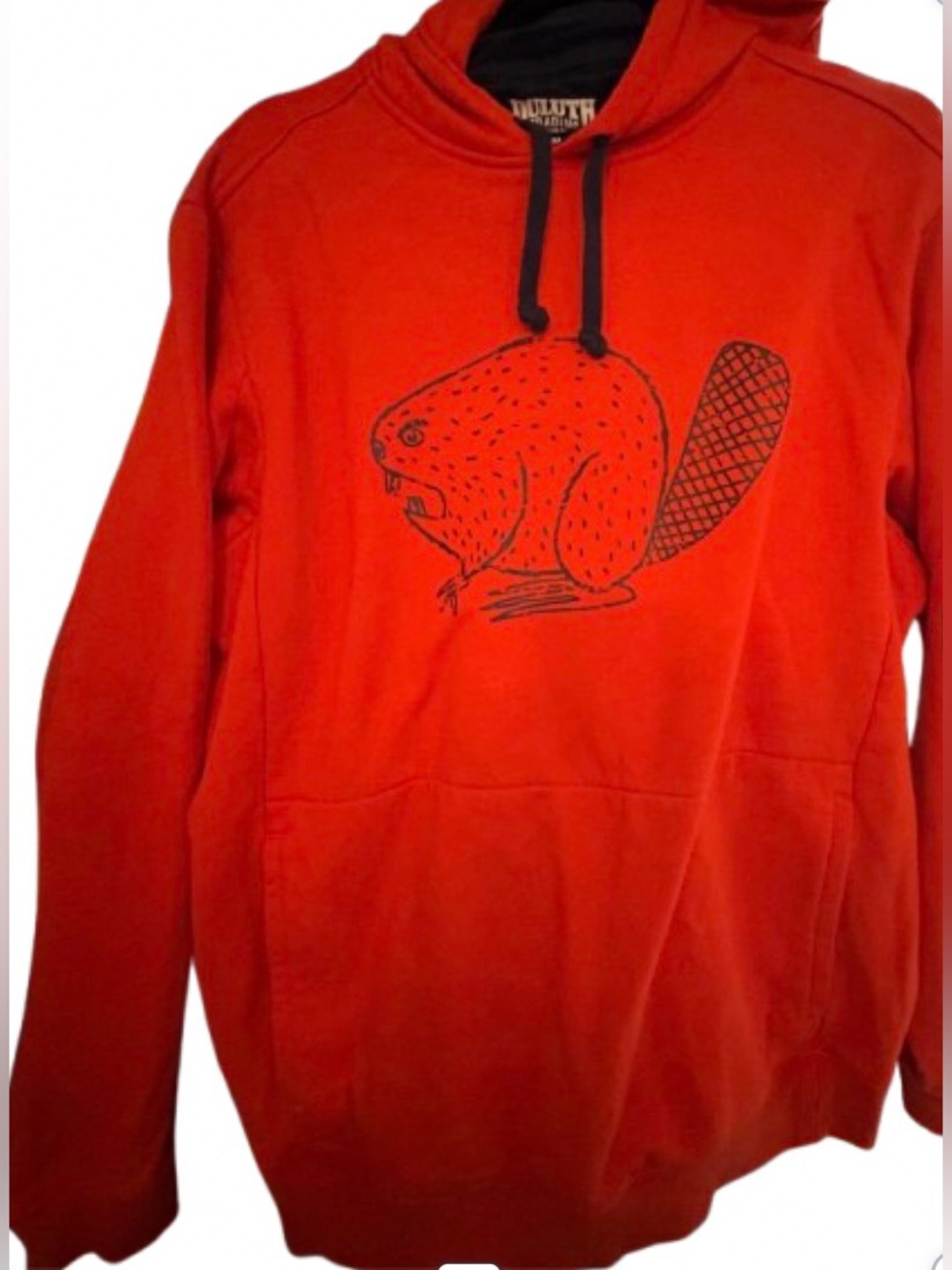 Duluth Trading Co Orange Hoodie with Navy Angry Beaver Graphic